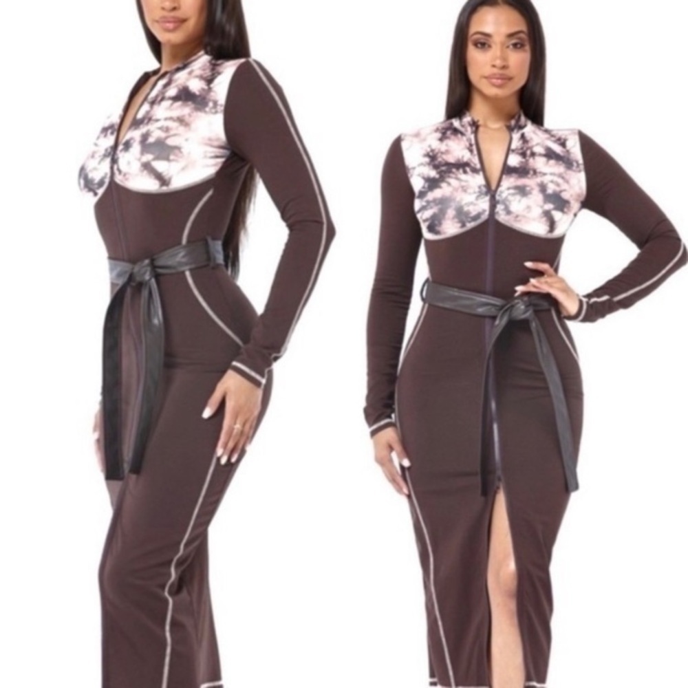 Women Brown Marble Color Block Belted Body Con Dress